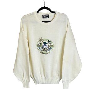 Porto Cruz Cream Novelty Sweater Sz L Women's Cotton Blend Long Sleeve Crew Neck